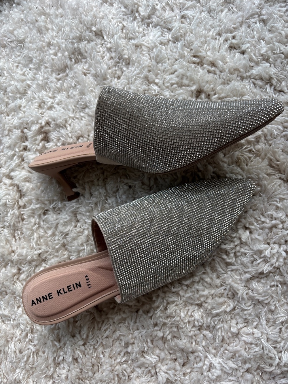 Anne Klein Silver Crystal-Embellished Pointed Mules